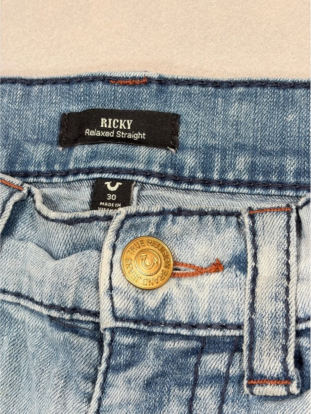 True Religion Ricky Acid Wash Straight Leg Jeans 30x33 Horseshoe Flap Pockets